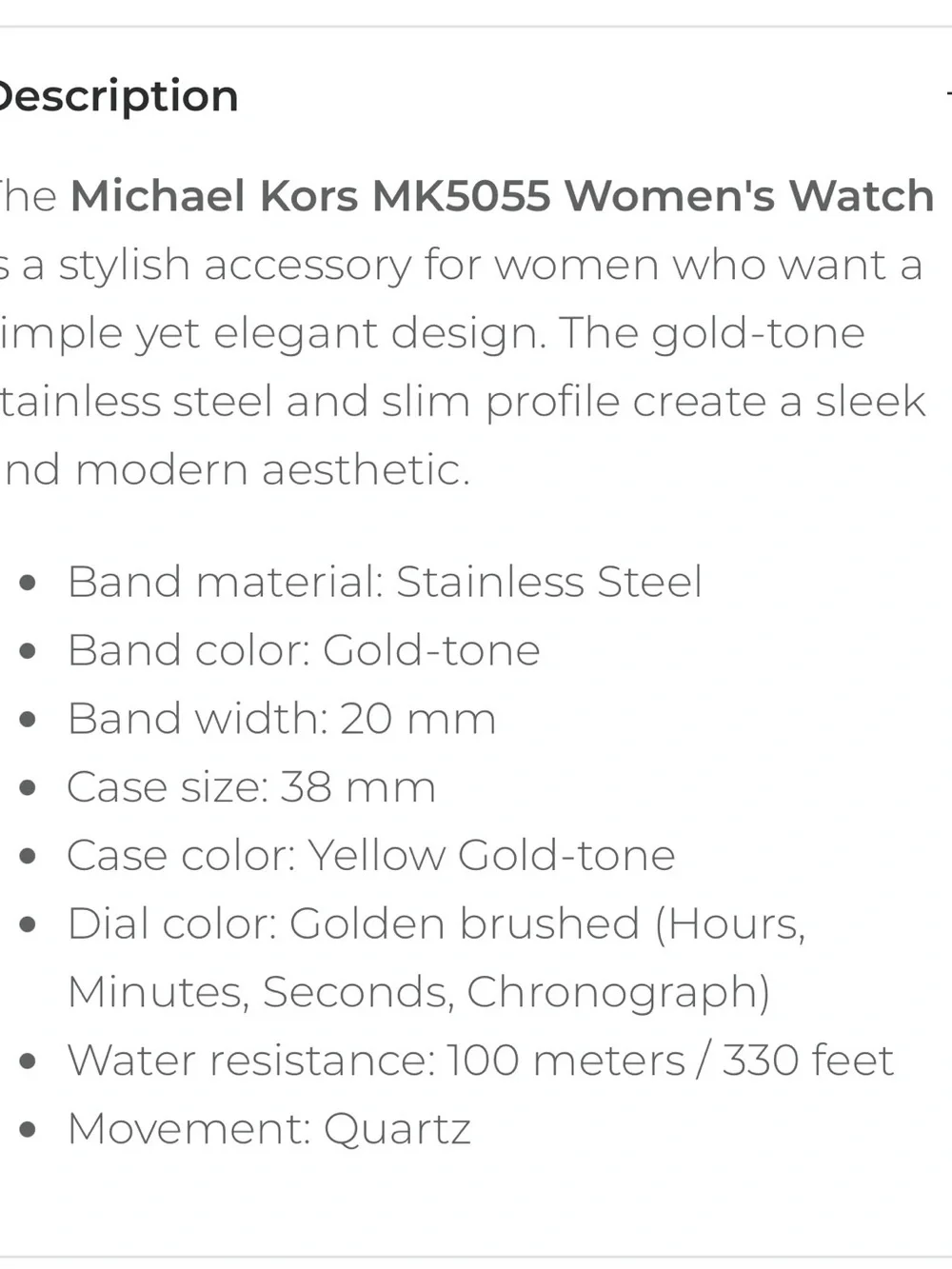 Michael Kors Runway MK5055 Gold Tone Chronograph Watch 38mm Authentic